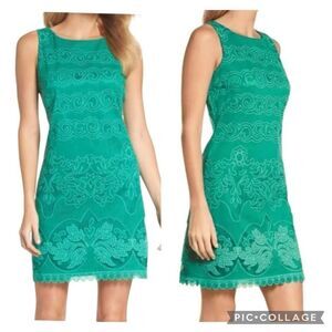 Eliza J Embroidered Lace Paisley Waves Lined Scoop Neck Mini Dress Green Size 8